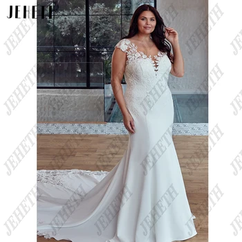 JEHETH Изысканные свадебные платья с короткими рукавами, большие размеры, платья для невесты с иллюзией спины, кружевная аппликация в виде русалки, vestidos de novia