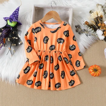 Одежда Для малышей, костюмы на Хэллоуин для девочек, платья трапециевидной формы, оранжевые плиссированные платья с длинными рукавами и принтом кота, детская одежда