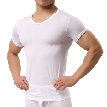 B1777 Мужская майка, футболки из ледяного шелка, мужские нейлоновые топы с V-образным вырезом и короткими рукавами, Ультратонкая крутая пижама, майка