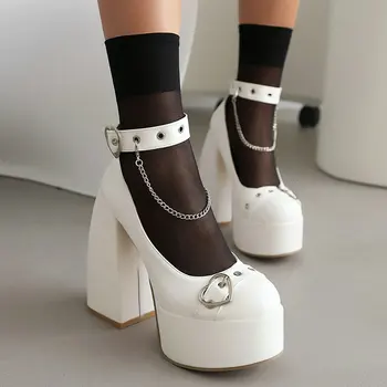 Женские туфли-лодочки на массивной платформе в готическом стиле, модная металлическая цепочка в виде сердца, очень высокие каблуки, платье Мэри Джейнс, косплей, панк-обувь y2k