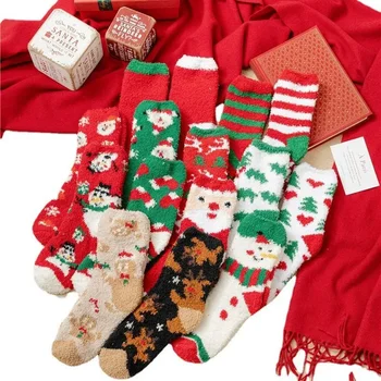 1 пара Рождественских носков, утолщающие женские носки, Зимние Теплые Мультяшные Коралловые бархатные носки, Подарок на Новый год, Рождественские чулки 2023