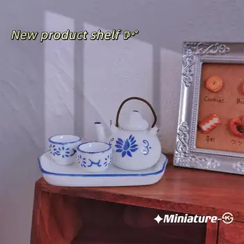 Миниатюрный чайный сервиз, миниатюрный керамический чайный сервиз, украшение для кукольного домика, блюдце, чайник, чайные чашки, фигурки, мини-имитация игры с едой