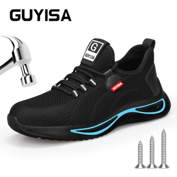 Защитная обувь GUYISA для работы, Большие ботинки со стальным носком, Дышащий спортивный стиль, Удобные черные размеры 35-50