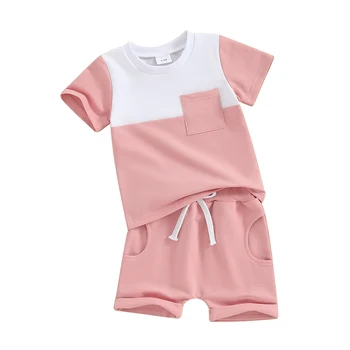 Летняя одежда для маленьких девочек, топы в клетку, лоскутная футболка с коротким рукавом и эластичные повседневные шорты, комплект