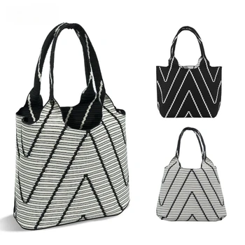 Двусторонняя сумка-тоут большой емкости, контрастный черный, белый цвет, геометрический узор, женская складная моющаяся сумка через плечо 2024